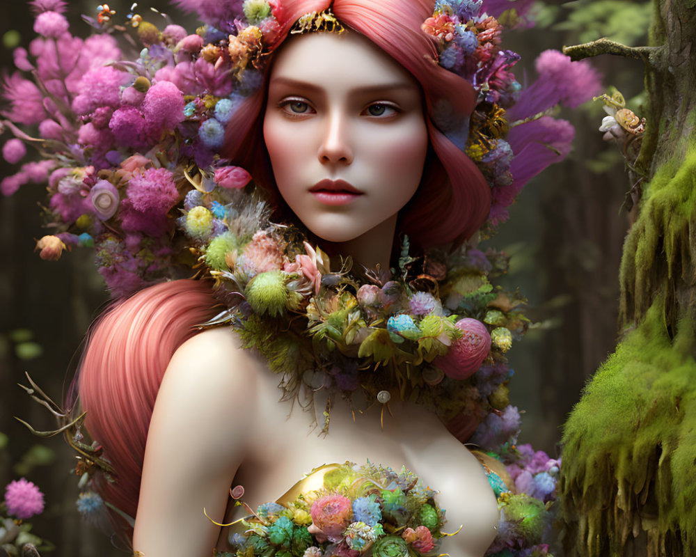 Pink-haired woman with floral crown in mystical forest.