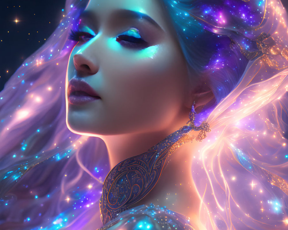 Digital art portrait: Woman with star-infused hair and glowing jewelry on celestial backdrop.