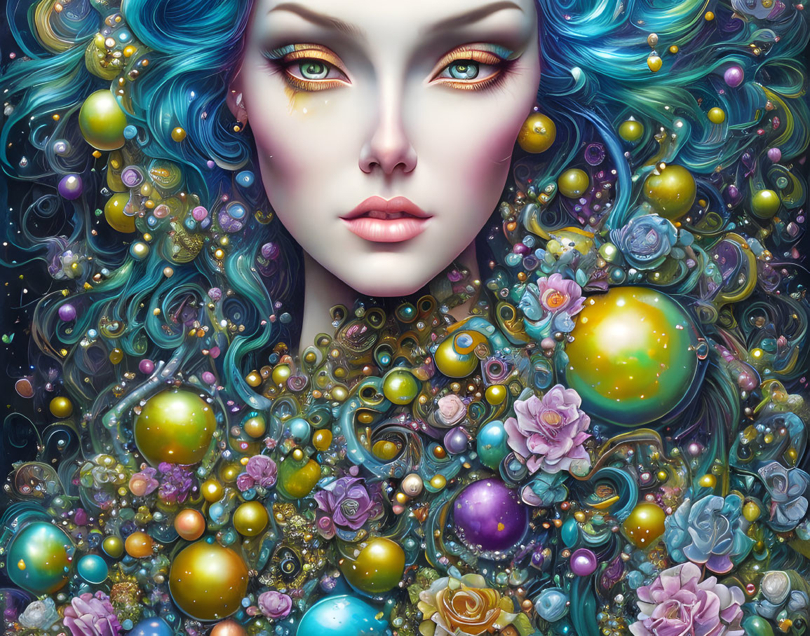 Colorful digital artwork of woman with blue hair and cosmic elements