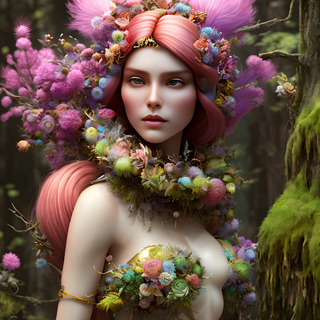 Pink-haired woman with floral crown in mystical forest.