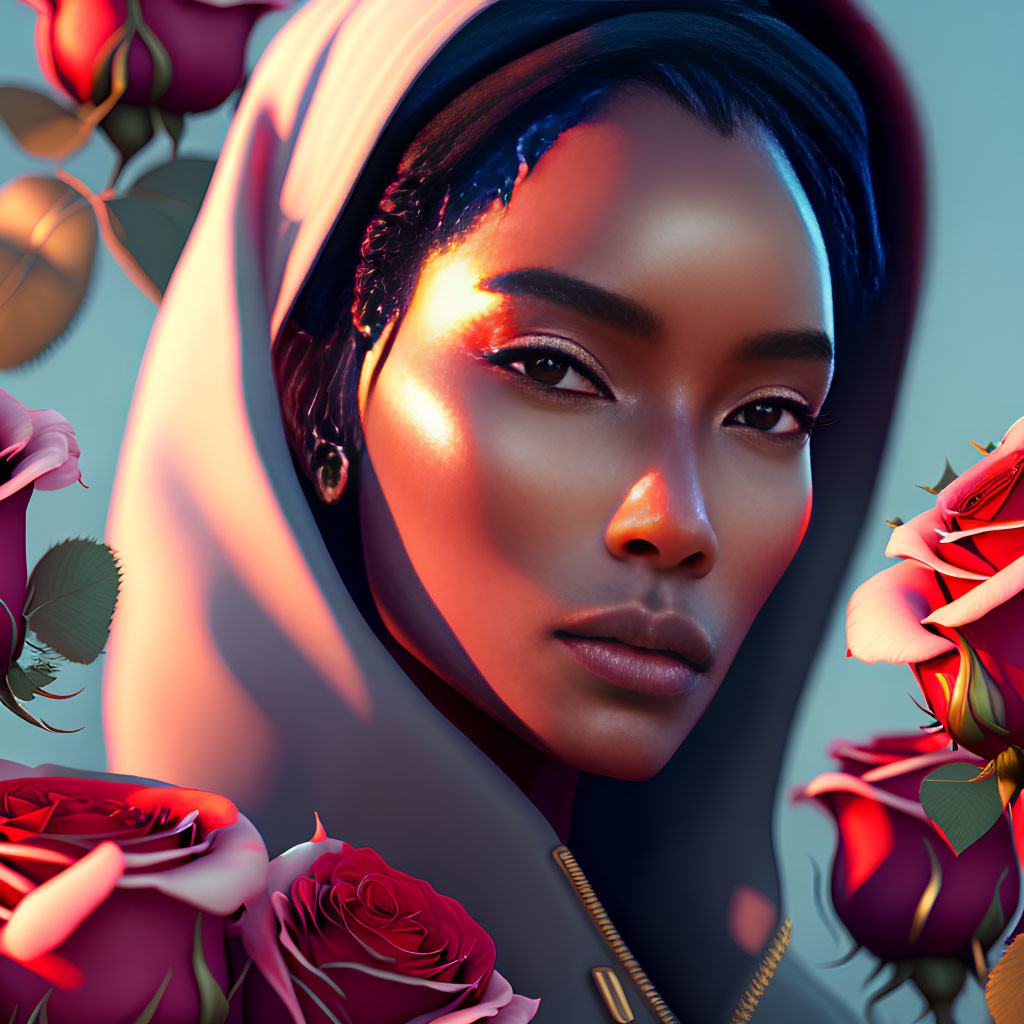 Close-up portrait of a woman in pink headscarf with red roses, thoughtful expression
