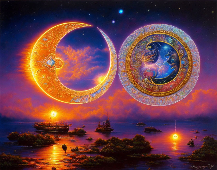 Colorful painting of sun and moon over serene landscape with boats.