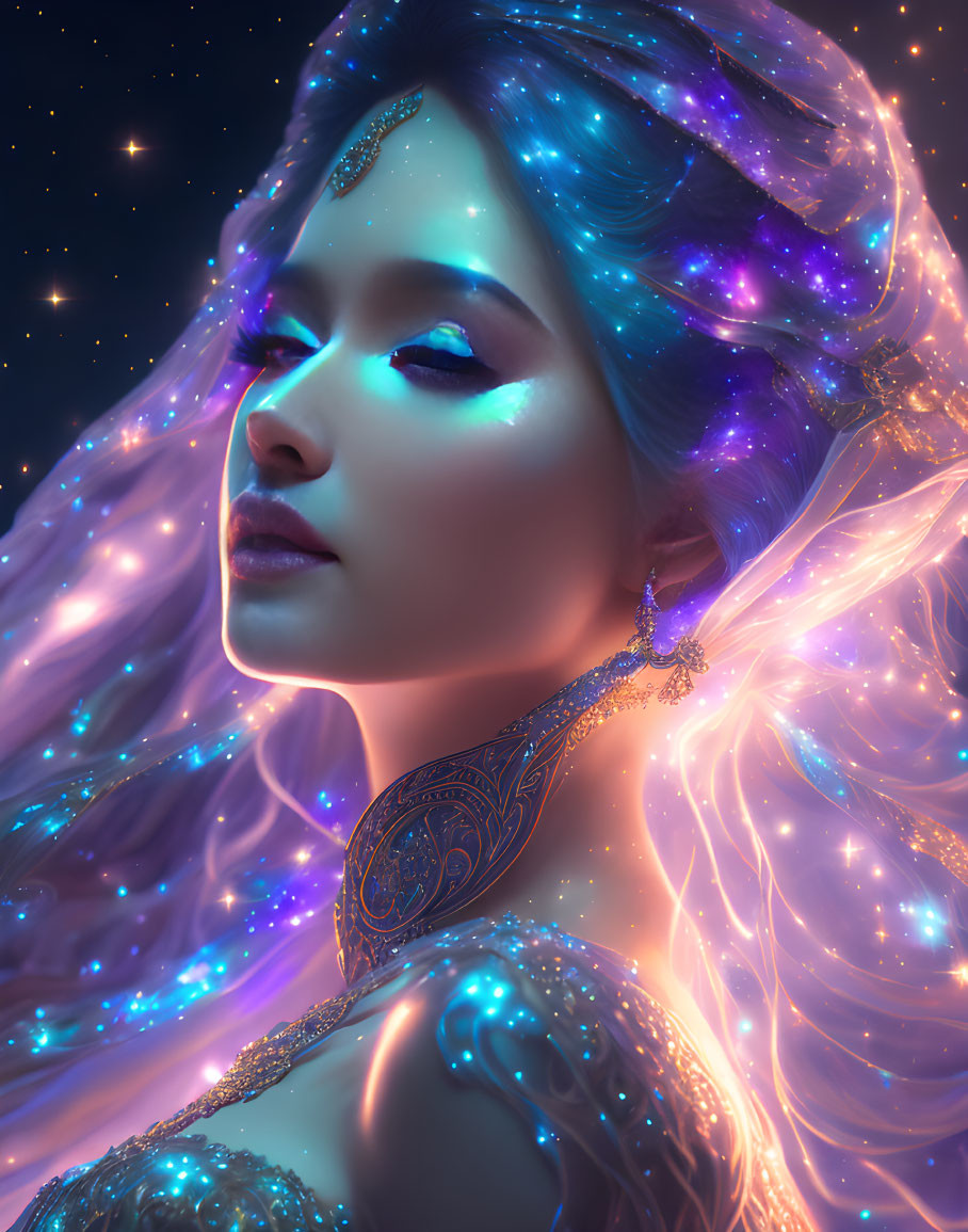 Digital art portrait: Woman with star-infused hair and glowing jewelry on celestial backdrop.