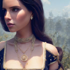 Dark-haired woman in blue dress with gold jewelry, including a necklace, looking at castle.