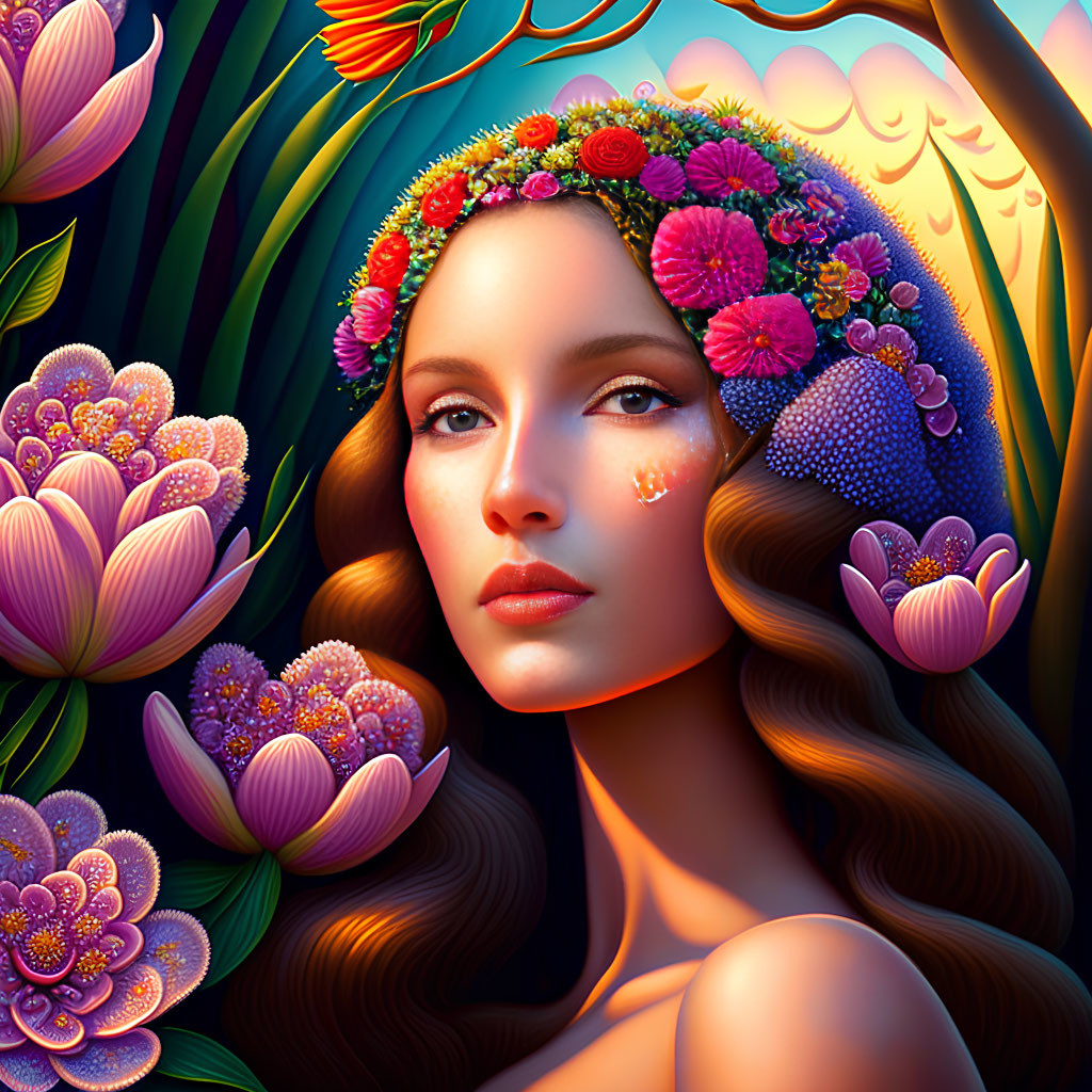 Digital Artwork: Woman with Floral Crown and Luminescent Flowers on Twilight Background