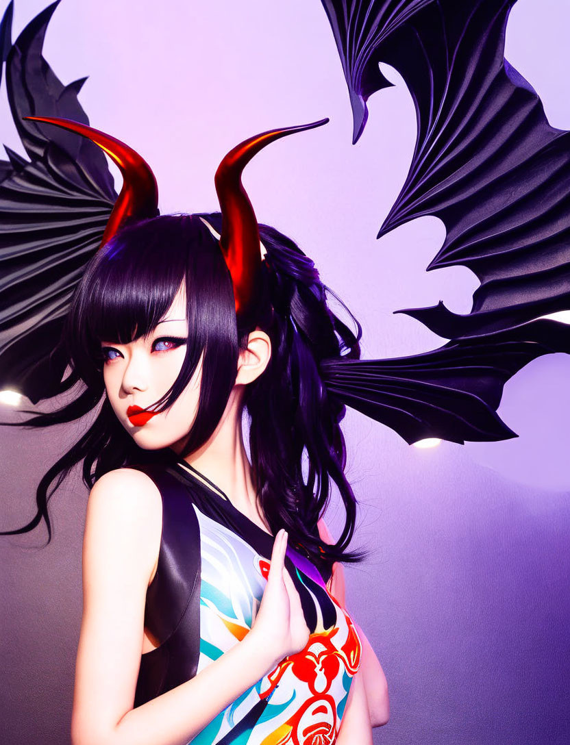 Character with Black Hair, Red Horns, Dark Wings, and Colorful Attire on Purple Background
