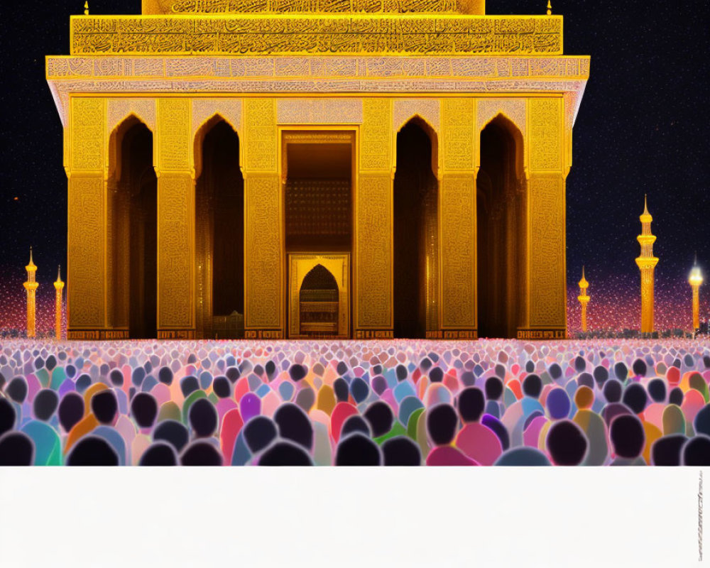 Illustration of colorful crowd in front of ornate mosque