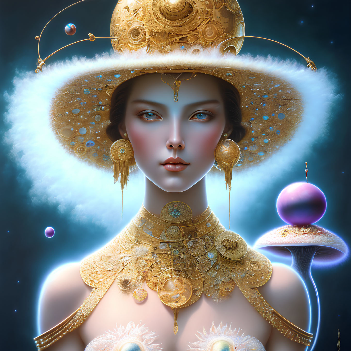 Digital artwork: Woman with steampunk hat and gold neckpiece in cosmic setting