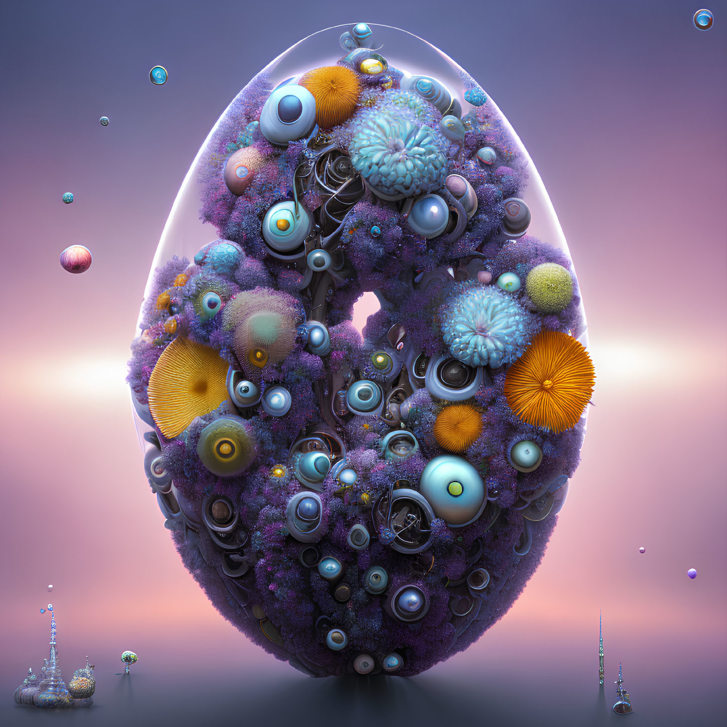Colorful Egg-shaped Structure with Orbs and Textures on Purple Background