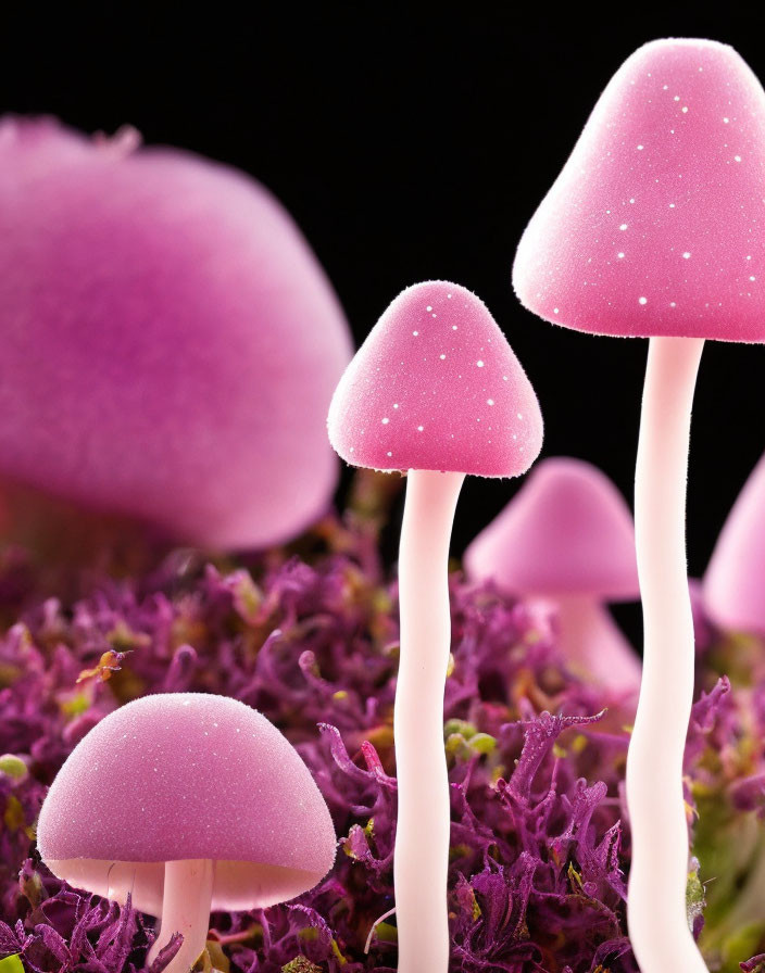 Vibrant pink mushrooms with speckled caps on purple foliage against black background
