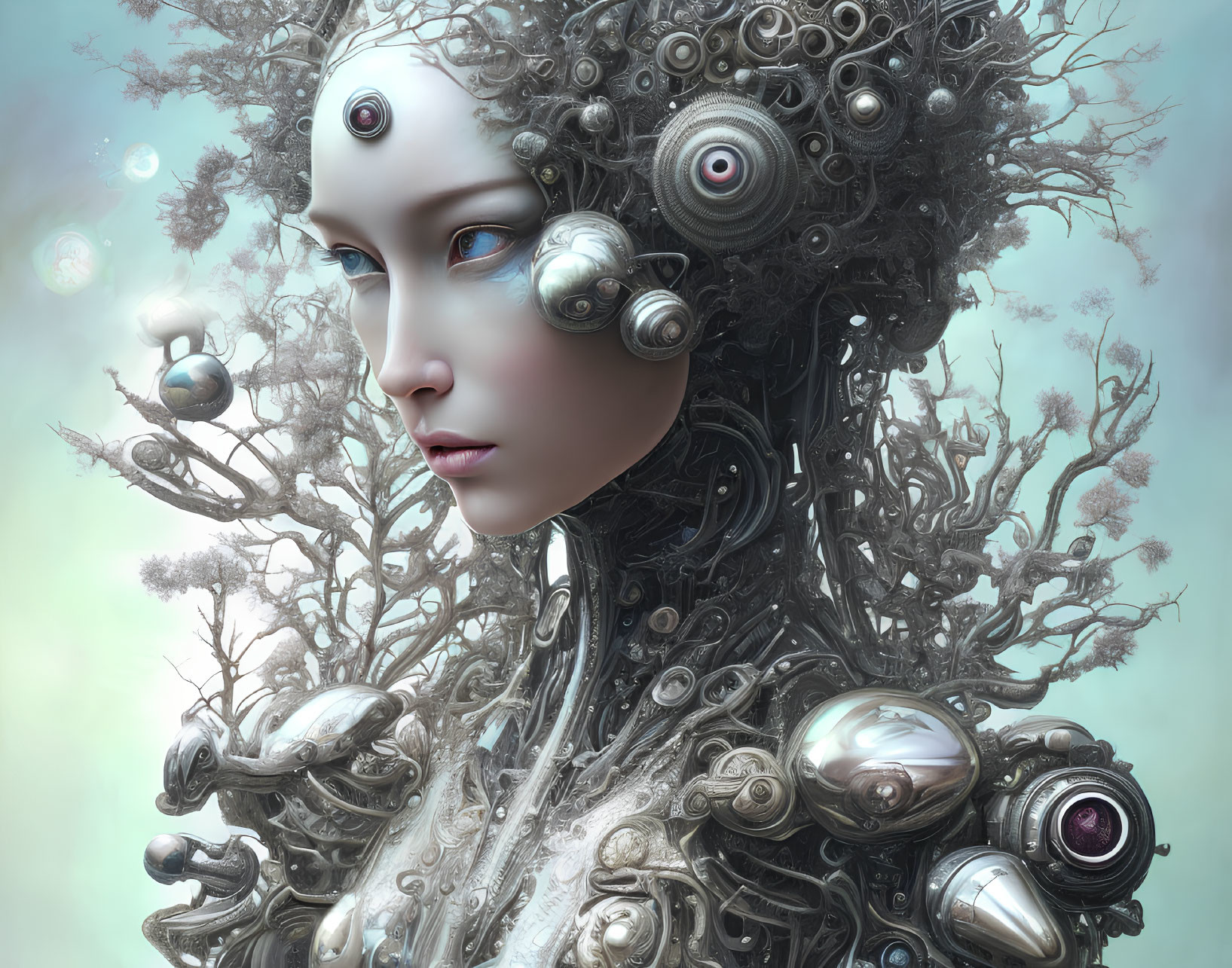 Surreal humanoid figure with ornate mechanical headdress and tree-like elements
