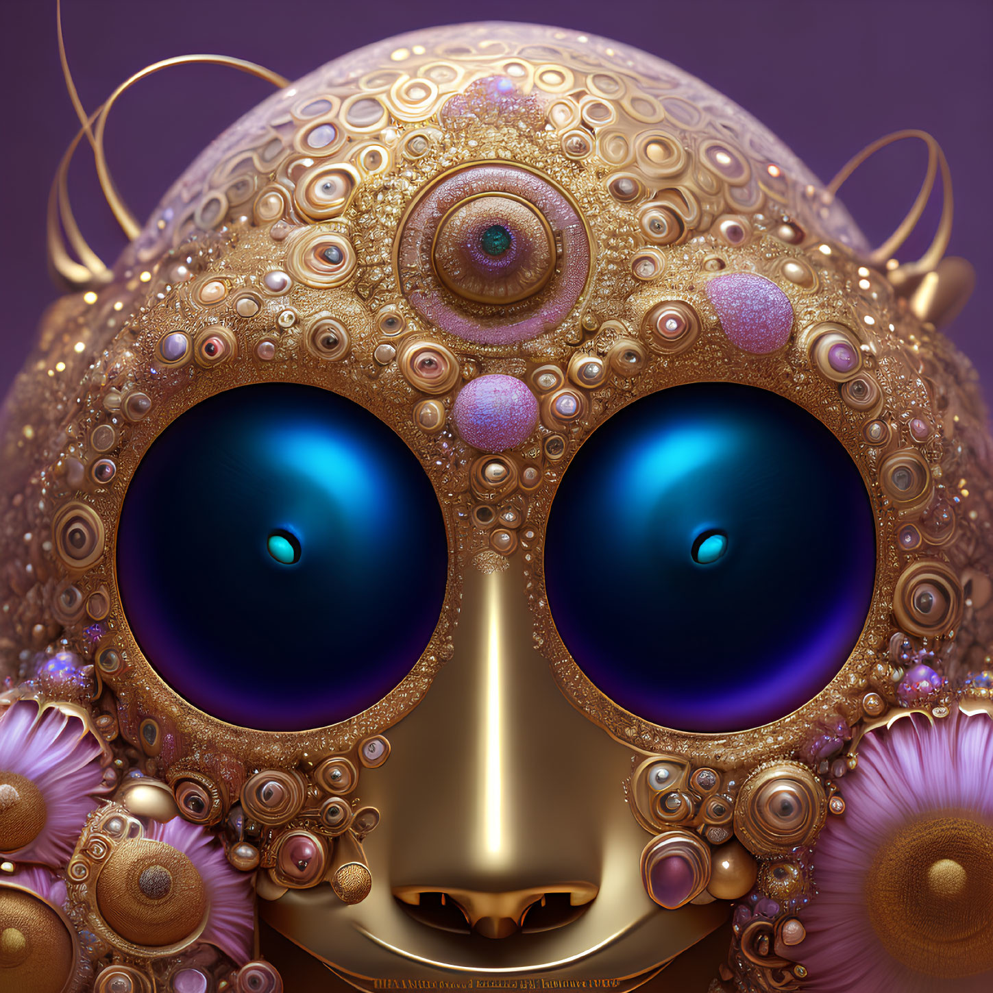Golden robotic face with captivating blue eyes and ornate jewel-embellished patterns