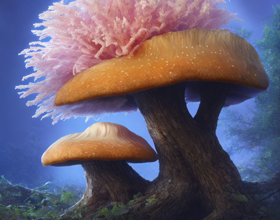 Fantasy-style oversized mushrooms in mystical forest scene