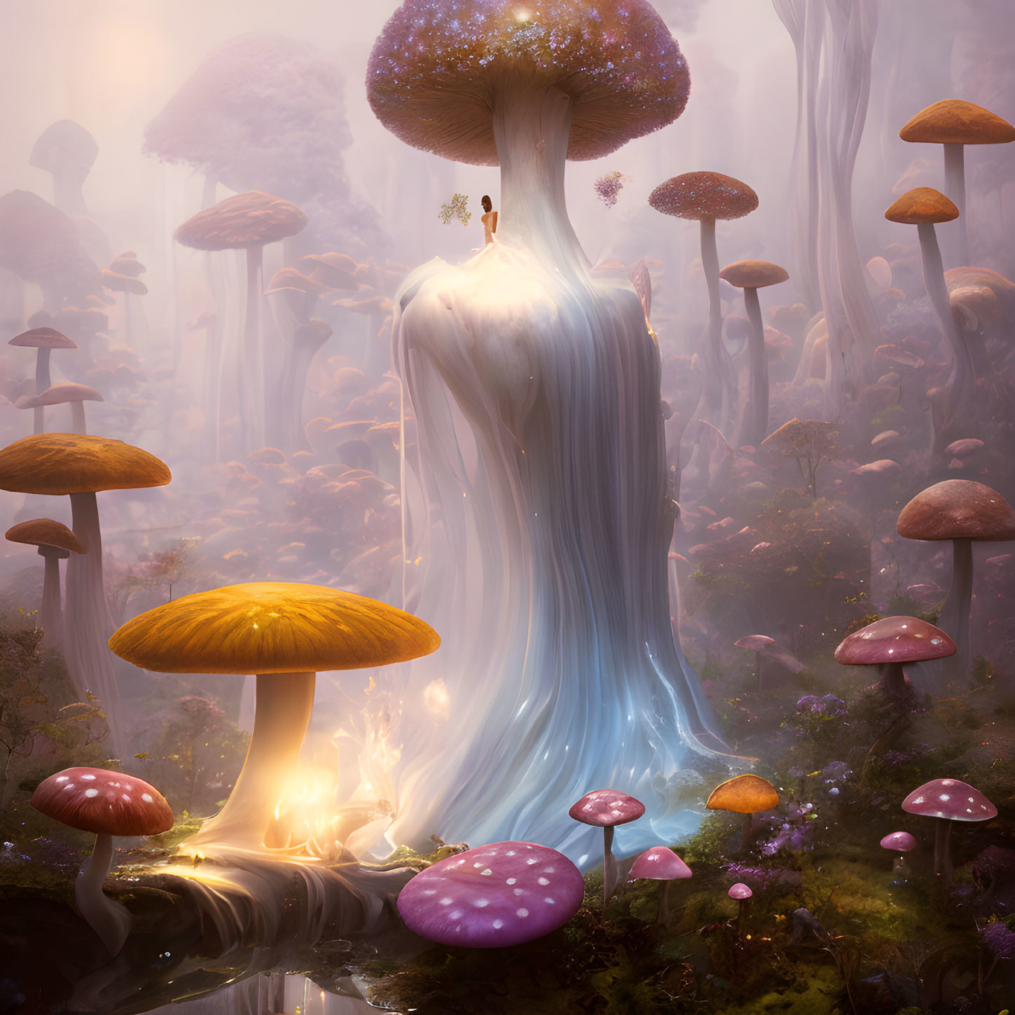 Enchanting forest scene with giant mushrooms and waterfall