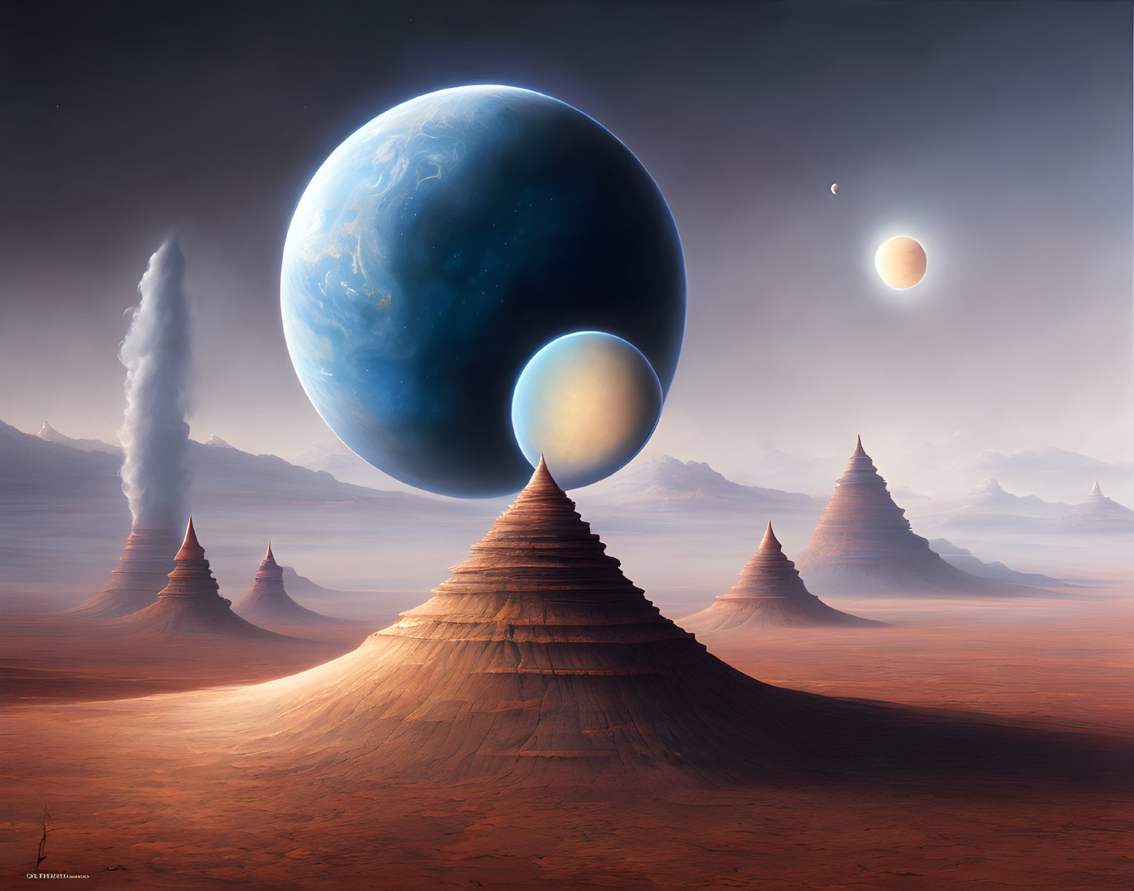 Fantastical landscape with cone-shaped mountains, oversized planet, two moons, and spaceship.