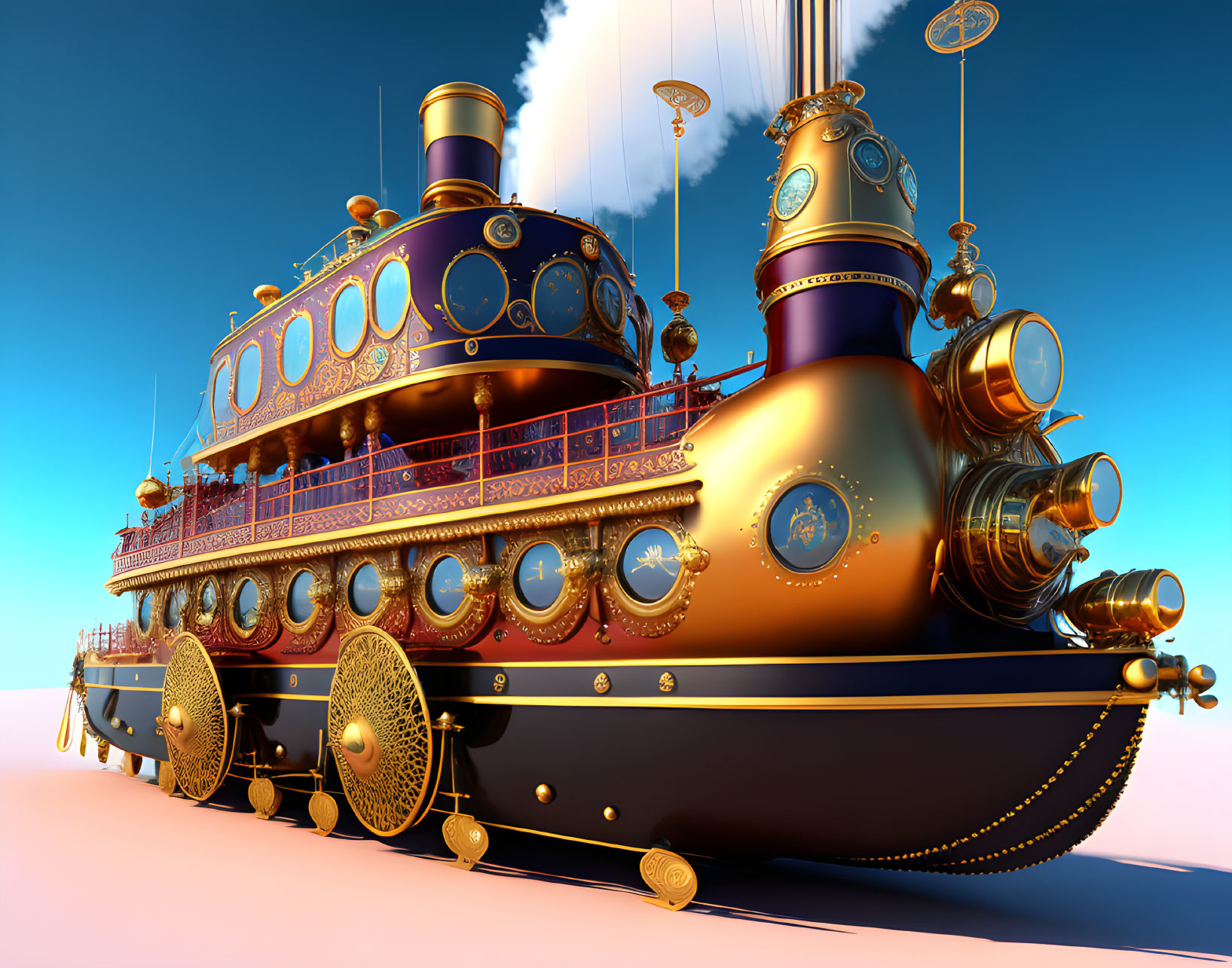 Steampunk-inspired ship with golden details and mechanical elements on blue sky background