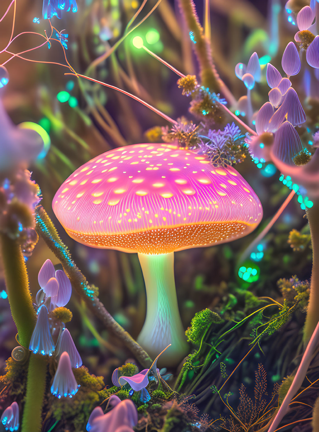 Pink Glowing Mushroom in Fantasy Forest Scene