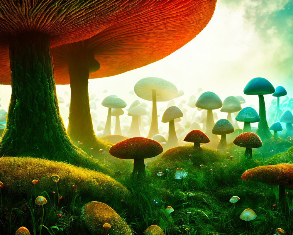 Colorful Oversized Mushrooms in Enchanted Forest Scene