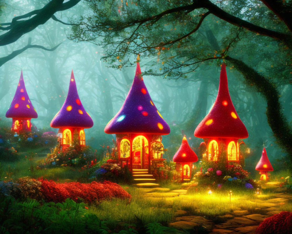 Whimsical mushroom houses in vibrant enchanted forest