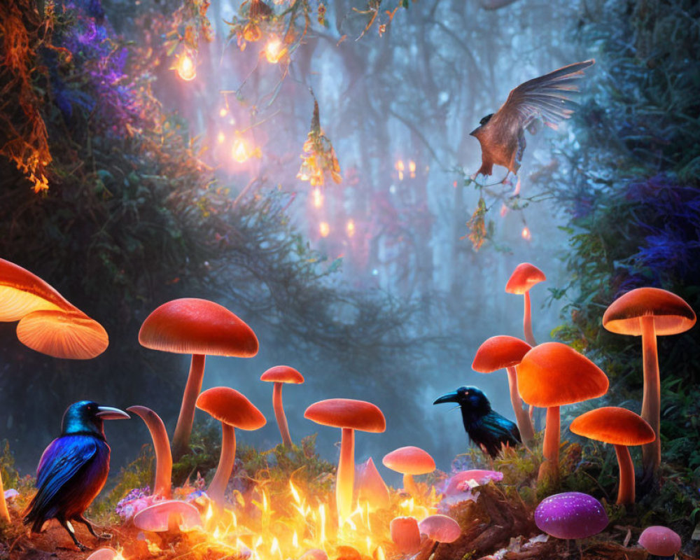 Enchanting forest scene with glowing mushrooms and hovering bird