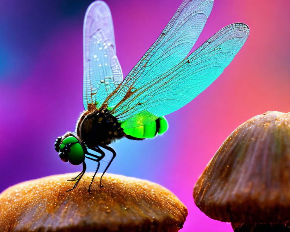 Transparent-winged dragonfly on mushroom with pink and blue backdrop