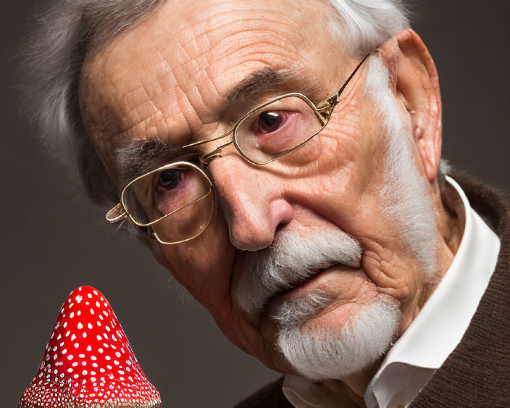 Elderly man with glasses examining mushrooms on grey background