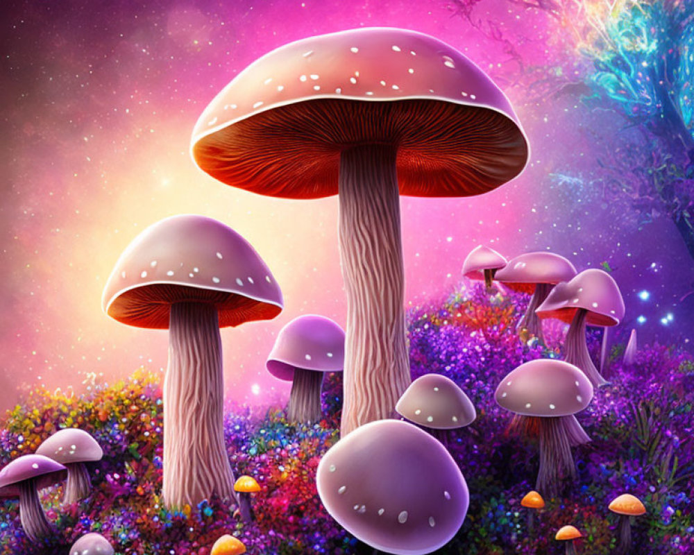 Colorful oversized whimsical mushrooms in vibrant digital artwork