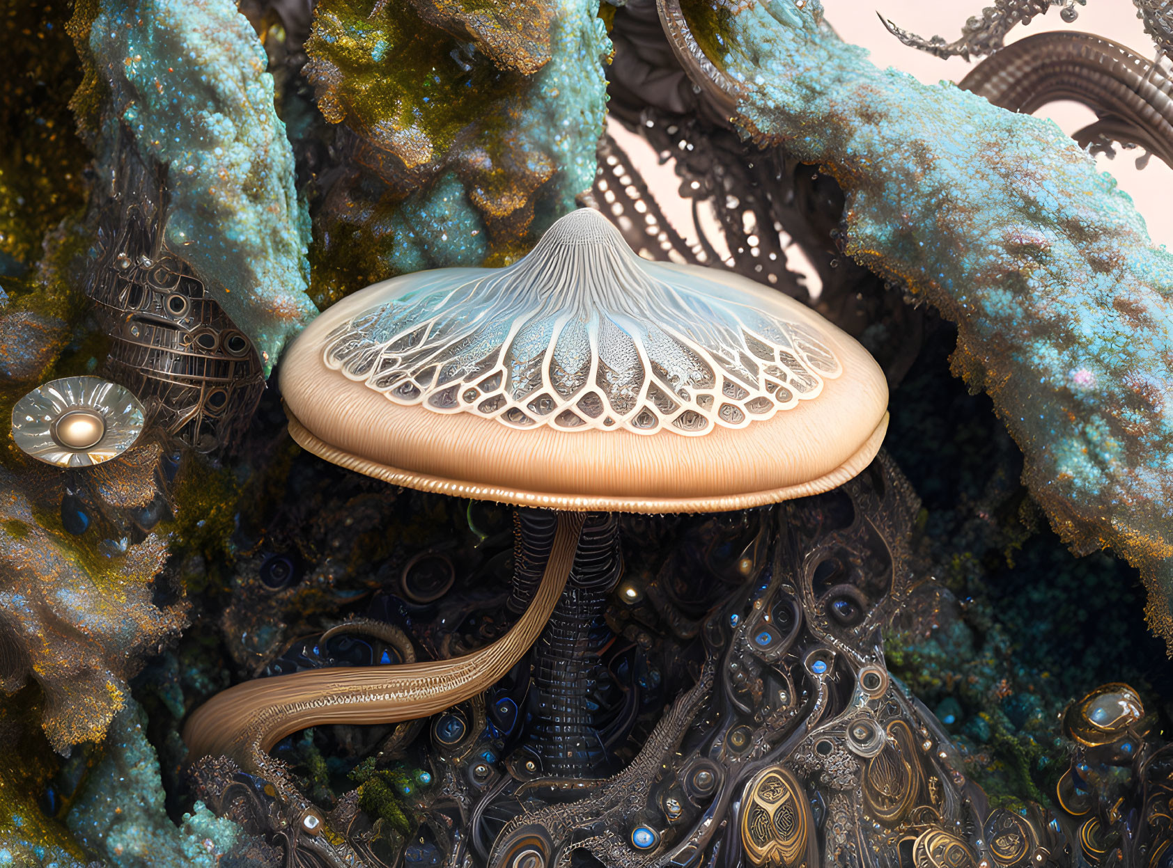 Surreal digital artwork: Jellyfish-like entity in steampunk setting