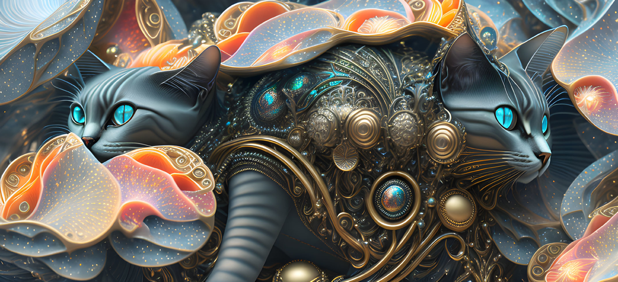 Detailed Steampunk-Inspired Artwork of Two Blue-Eyed Cats