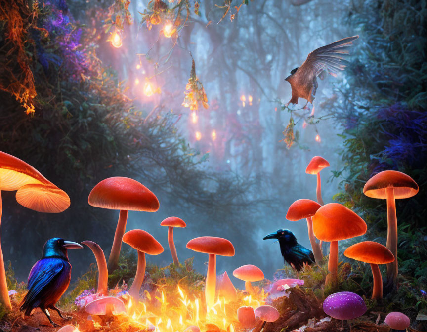 Enchanting forest scene with glowing mushrooms and hovering bird