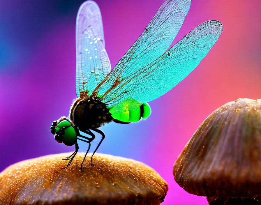 Transparent-winged dragonfly on mushroom with pink and blue backdrop