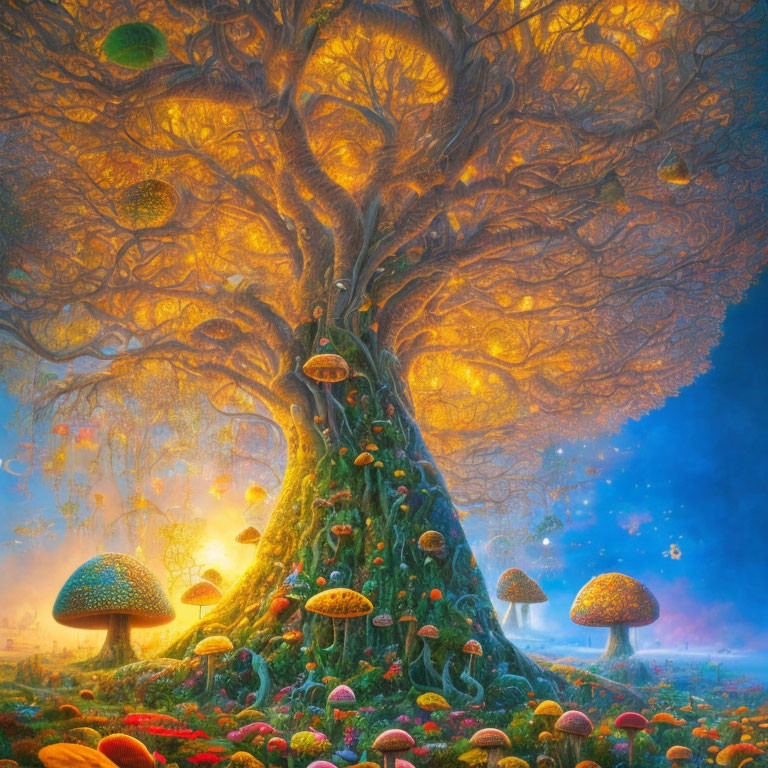Colorful Artwork of Fantastical Tree and Oversized Mushrooms in Dreamlike Forest