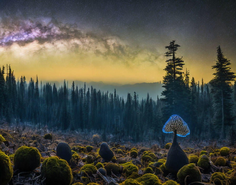 Mushroom illuminates mossy forest floor under starry sky