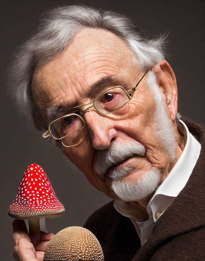 Elderly man with glasses examining mushrooms on grey background