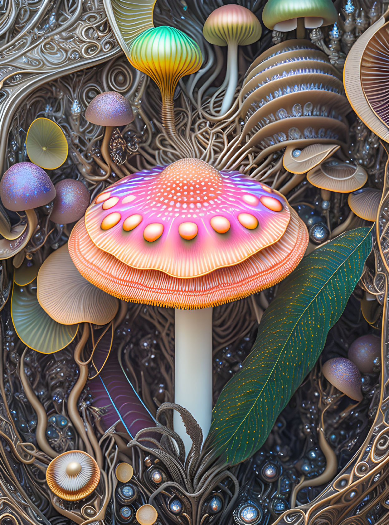 Colorful psychedelic artwork with stylized mushroom and fantasy elements