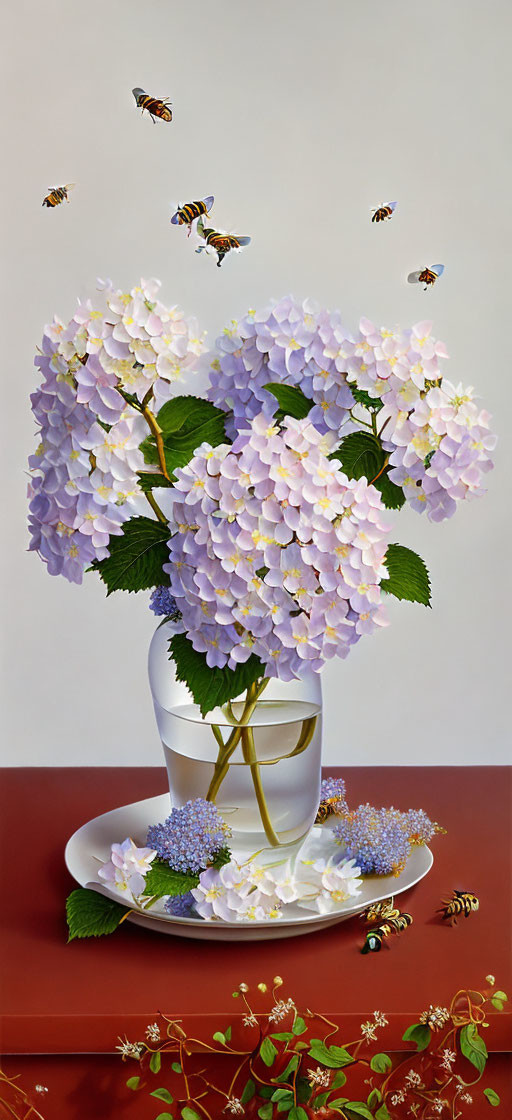 Purple hydrangeas in vase with bees on table - still-life image