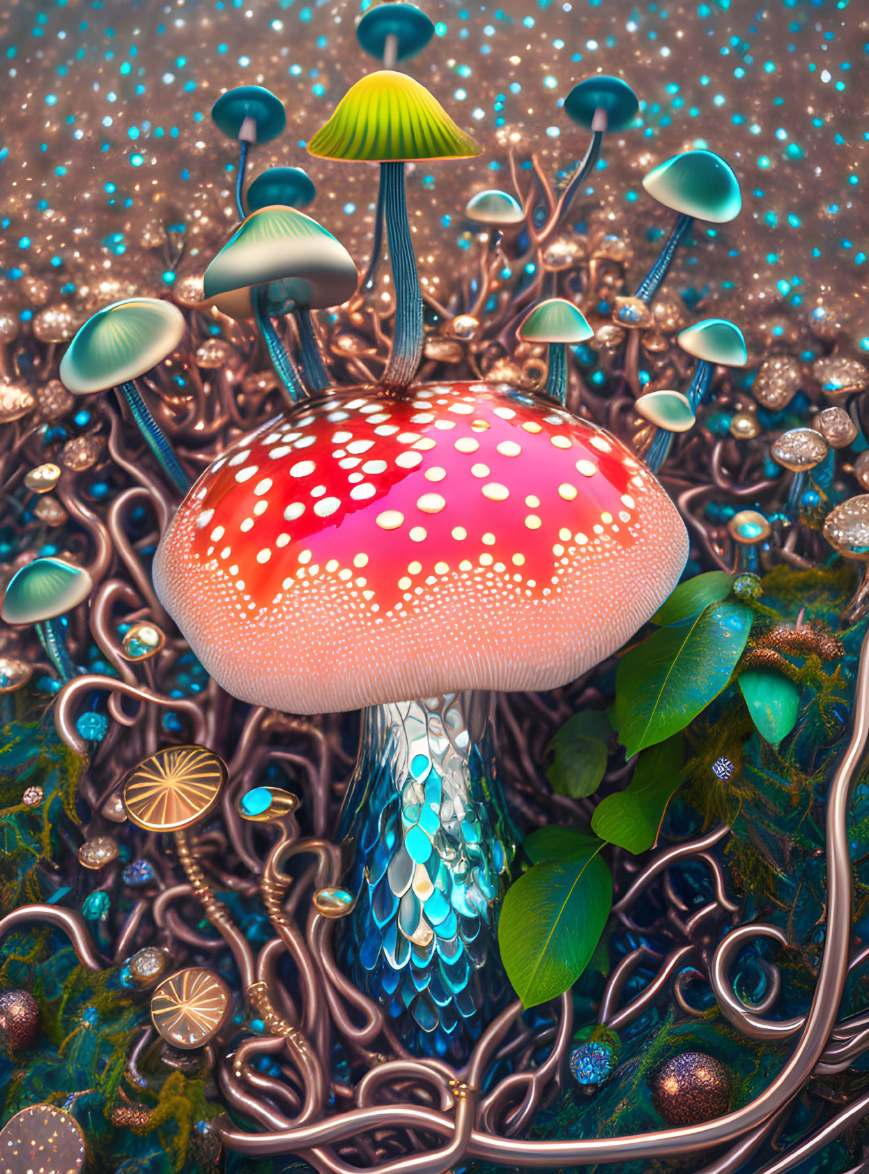 Colorful digital artwork of large red mushroom among fantastical plants
