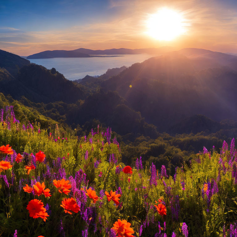 Scenic sunset landscape with colorful flowers, rolling hills, and calm sea