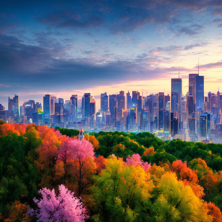 Colorful autumn trees frame vibrant city skyline at sunset under dramatic sky