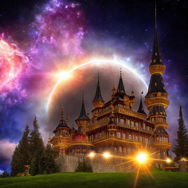 Fantastical castle with spires under cosmic sky and moon.