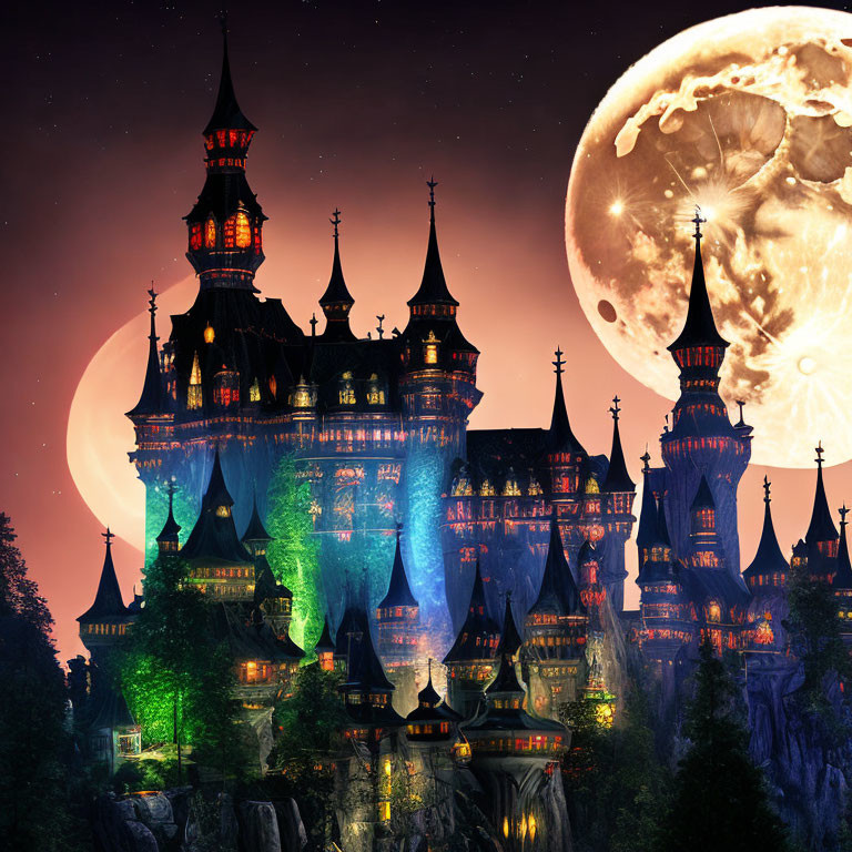 Fantasy castle perched on cliff under full moon