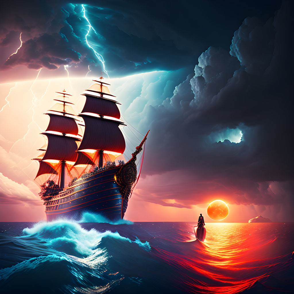 Tall ship sailing on turbulent seas at sunset with lightning and small boat observer