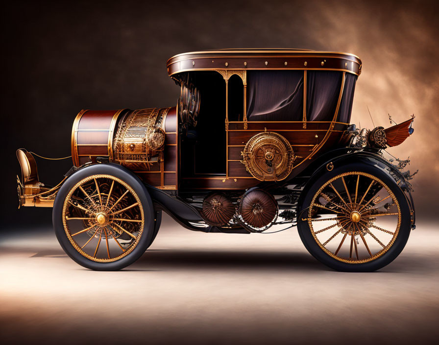 Vintage Car with Ornate Brass Detailing and Wooden Bodywork on Warm Background