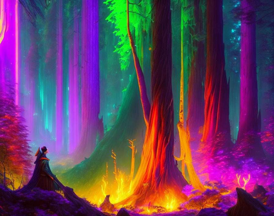 Mystical forest with vibrant purple and pink hues and cloaked figure gazing at glowing light
