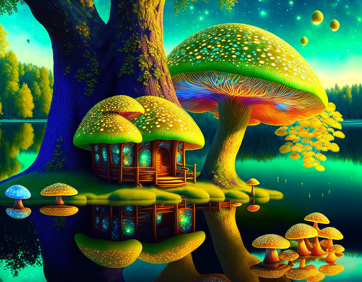 Fantastical mushroom houses in forest near tranquil lake with glowing orbs