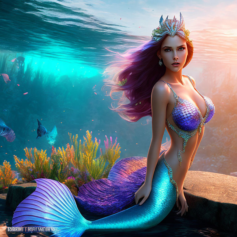 Mermaid with Purple Hair and Blue Tail by the Sea