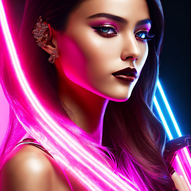 Digital artwork featuring woman with striking makeup under glowing neon lights