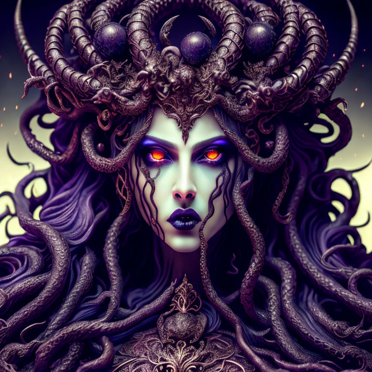 Illustration of female figure with Medusa-like appearance, snakes for hair, glowing eyes, dark attire