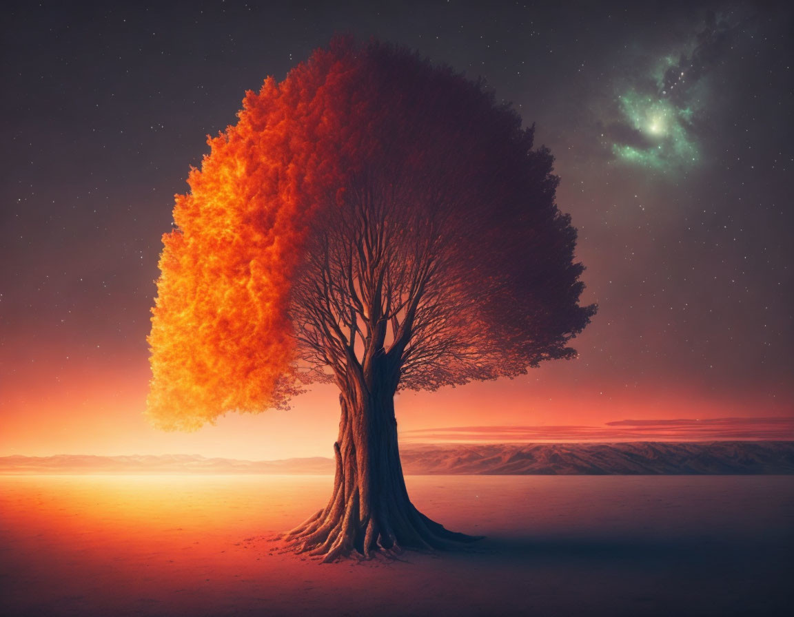 Solitary tree with fiery orange leaves under aurora lights