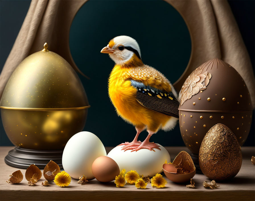 Colorful Chick Surrounded by Decorated Eggs and Dried Flowers
